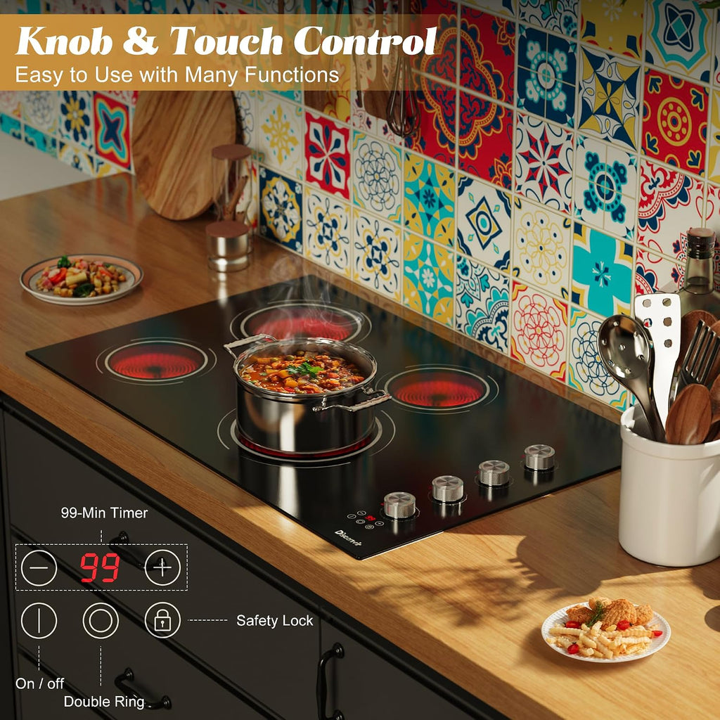 30 Inch Electric Cooktop 4 Burner - Built-in(29.13'x19.3') Ceramic Stovetop 6700W, 30' Electric Cook Top with Timer, Safety Lock, Pause, Dual Ring, 220V - 240V Hard Wire (Black-Sliver Knob)