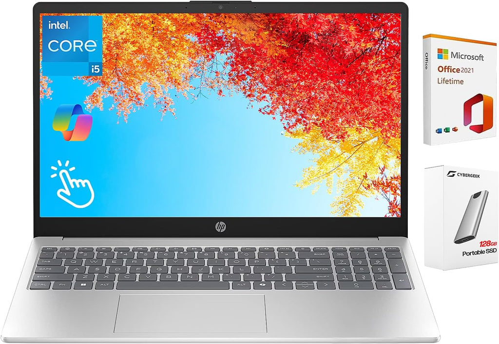 HP Touchscreen Laptop with Lifetime Office, 10-Core Intel i5-1334U, 15.6' FHD IPS Display, 16GB RAM, 512GB SSD + 128GB Portable SSD, AI Copilot, Business &Student Laptop Computer, Windows 11 Pro