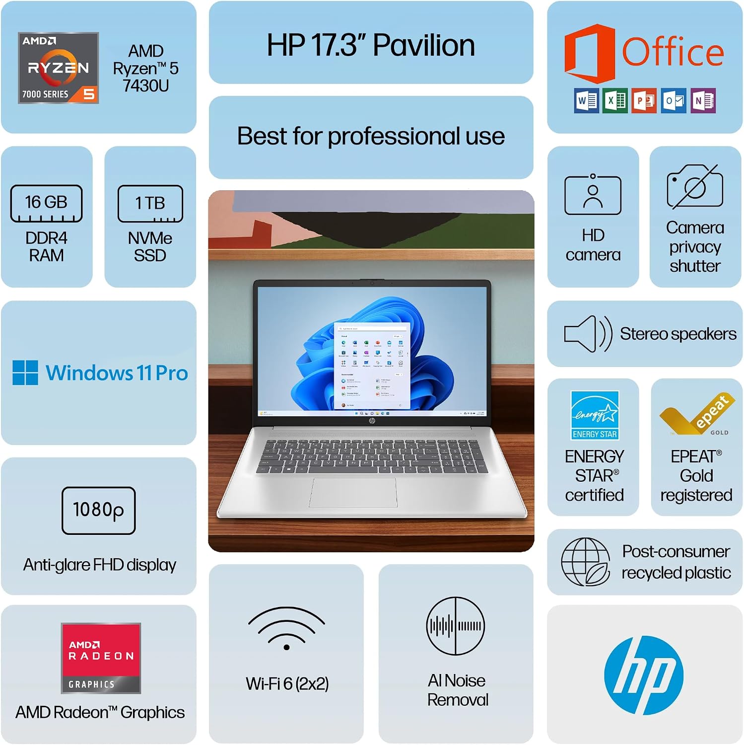 HP 2025 Pavilion Laptop, 17.3' FHD IPS Computer, 6-Core AMD Ryzen 5, 16GB RAM, 1.5TB Storage (1TB SSD + 500GB Ext), Wi-Fi 6, Webcam, Long Battery, HubxcelAccessory, Lifetime Office 2024 Windows 11 Pro