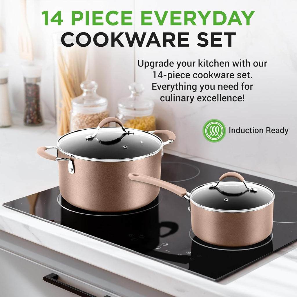 NutriChef 14-Piece Pots and Pans Set Non Stick – Induction Cookware Set, PFAS-Free Nonstick Cookware for All Cooktops, Includes Kitchen Utensils