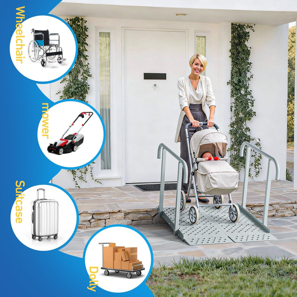 Portable Wheelchair Ramp with Handrails, Non-Slip Iron Handicap Ramp 440lbs Load Capacity, 39-inch Length Wheelchair Ramp for Home Steps, Stairs, Doorways and Curbs