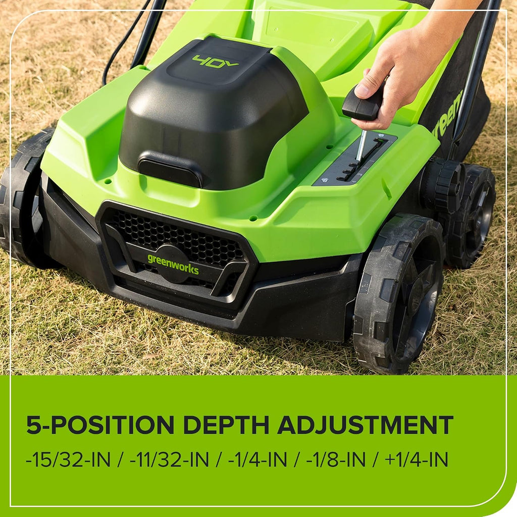 Greenworks 40V 15-Inch 2-in-1 Dethatcher & Scarifier, 5.0Ah Battery & Rapid Charger Included, Brushless Motor, 5-Position Depth Adjustment