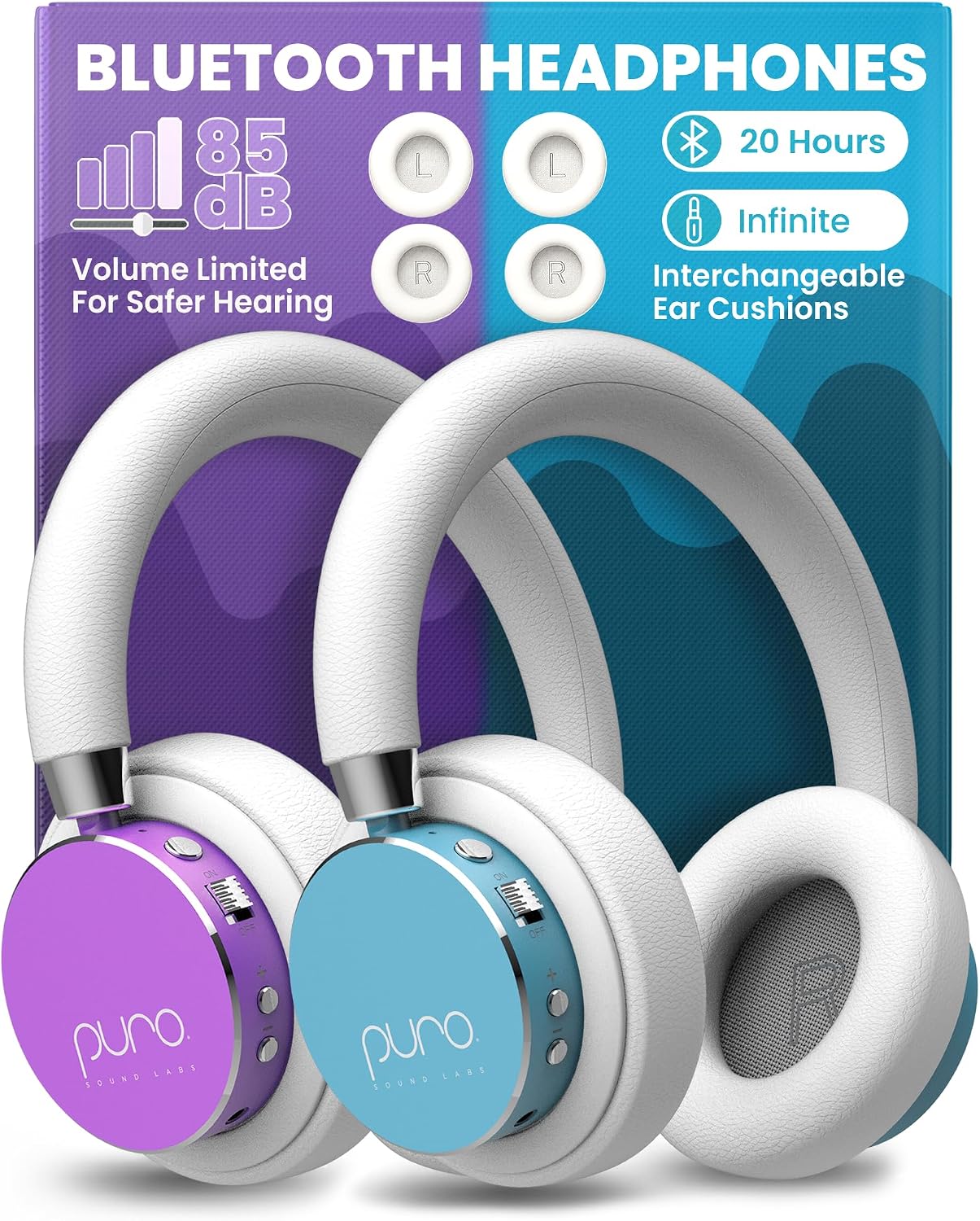 Puro Sound Labs BT2200 Plus Volume Limited Headphones for Kids, Bluetooth, Studio-Grade Audio, Over-Ear & Comfy Design, 20-Hr Battery Life, Easy to Connect Wireless Headphones for Kids, Purple & Teal