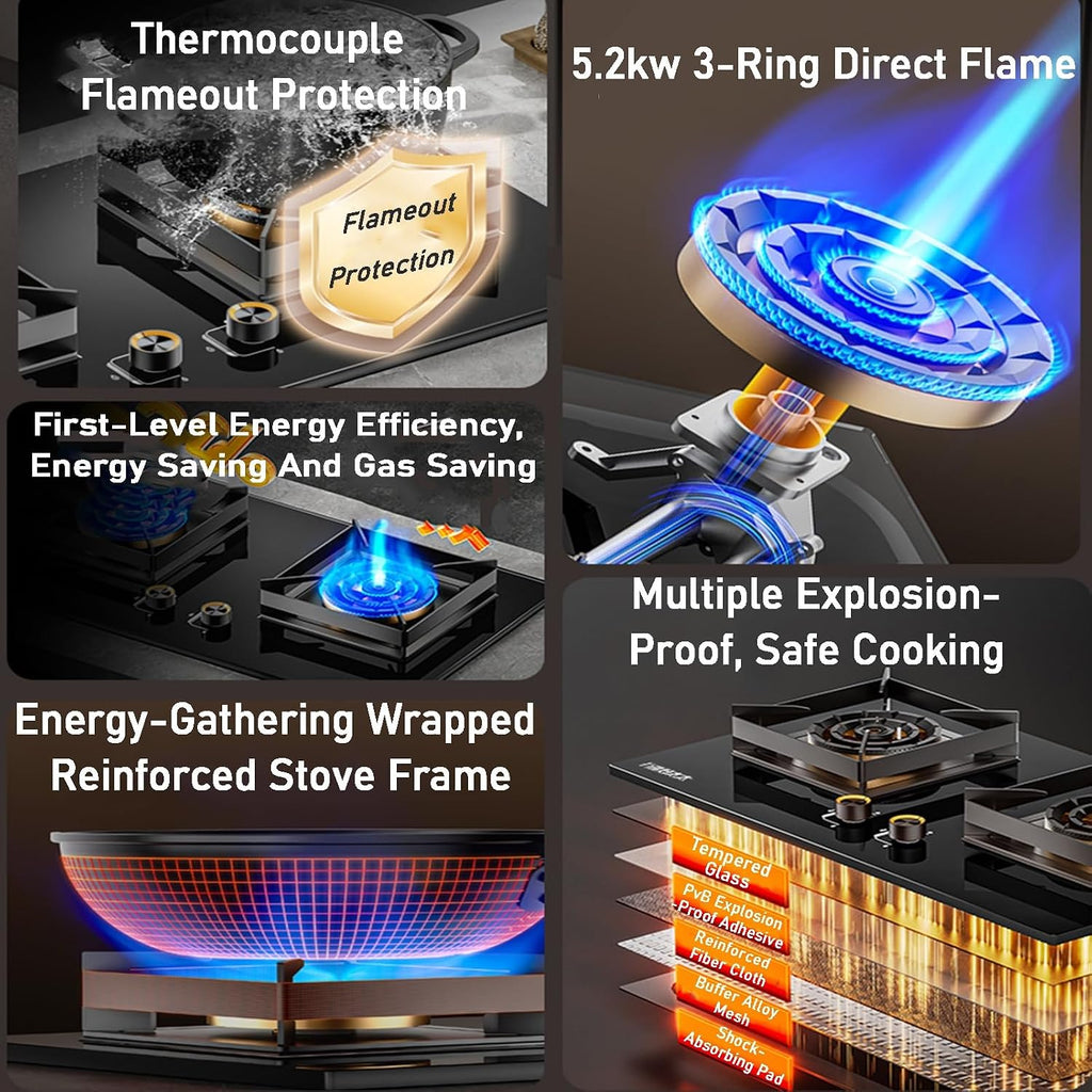 Portable Gas Stove,2 Burner Stainless Steel Cooktop,LPG/NG Dual-purpose,Square Stove Frame Pure Copper Fire Cover,for Home Outdoor Cooking(NG)