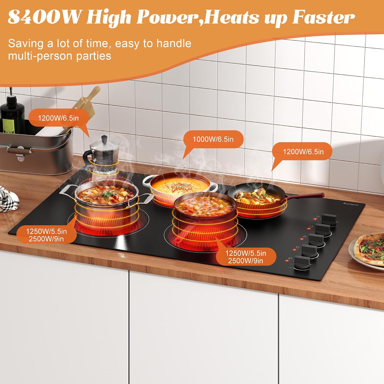Karinear 36 Inch Electric Cooktop, Knob Control 5 Burner Electric Stove Top, Over-Temperature Protection, Hot Surface Indicator,36' Drop-in, Hard Wire 240V