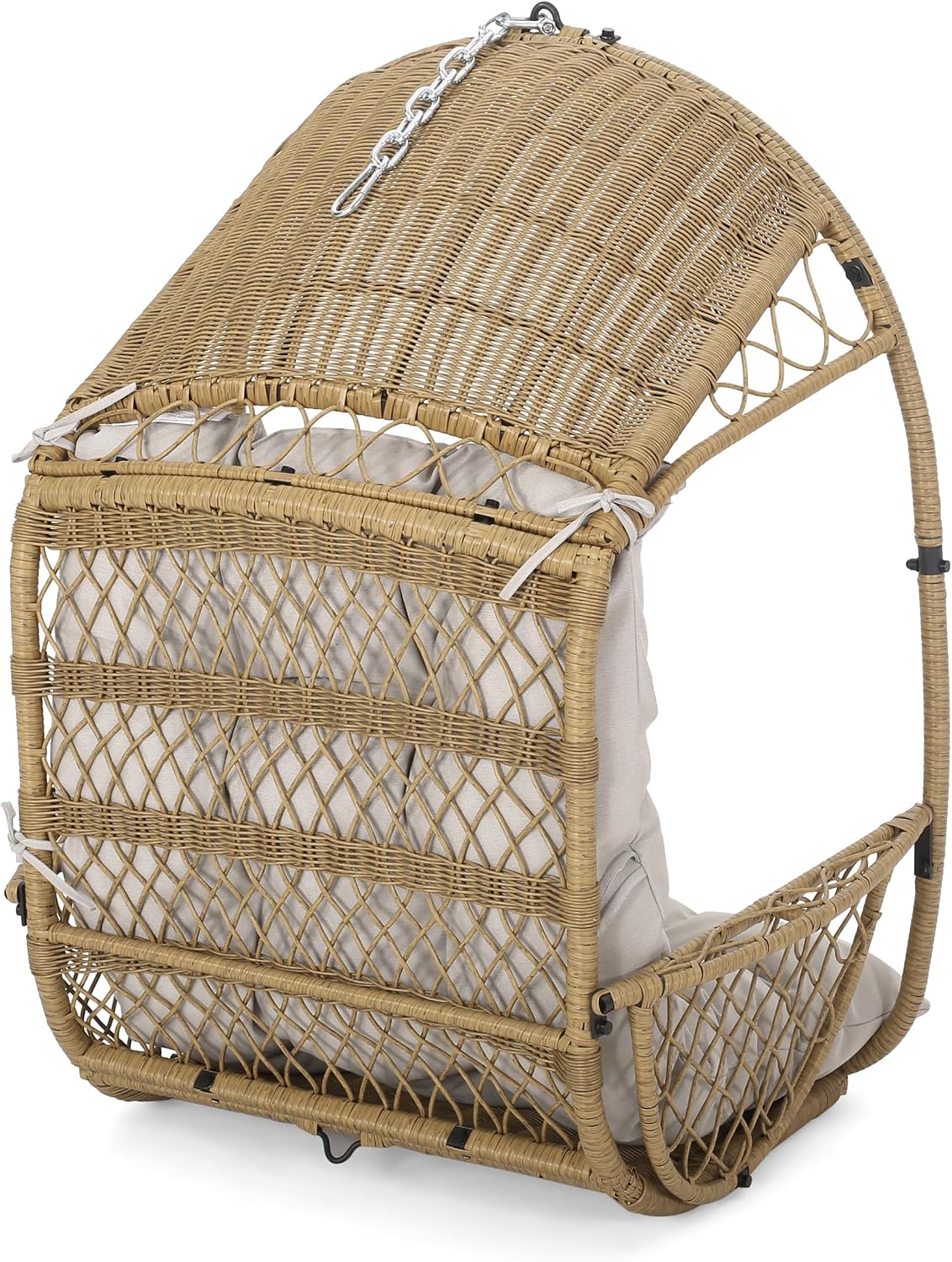 Hanging Egg Chair with Cushion, Wicker Basket Hanging Chair for Indoor Outdoor Patio, Balcony, Living Room, Brown & Beige (Stand Not Included)