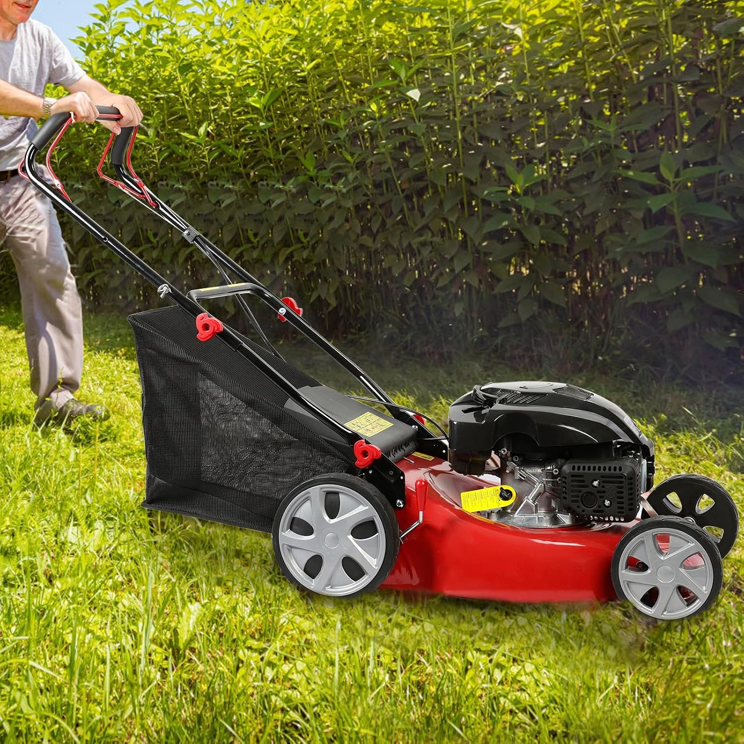 20-Inch Self Propelled Gas Lawn Mower with 141CC 4-Cycle Engine | 7-Position Height Adjustment (9.85-29.55 inches) Push Lawn Mower with 50L Grass Tank, Big Wheels ﻿ Red