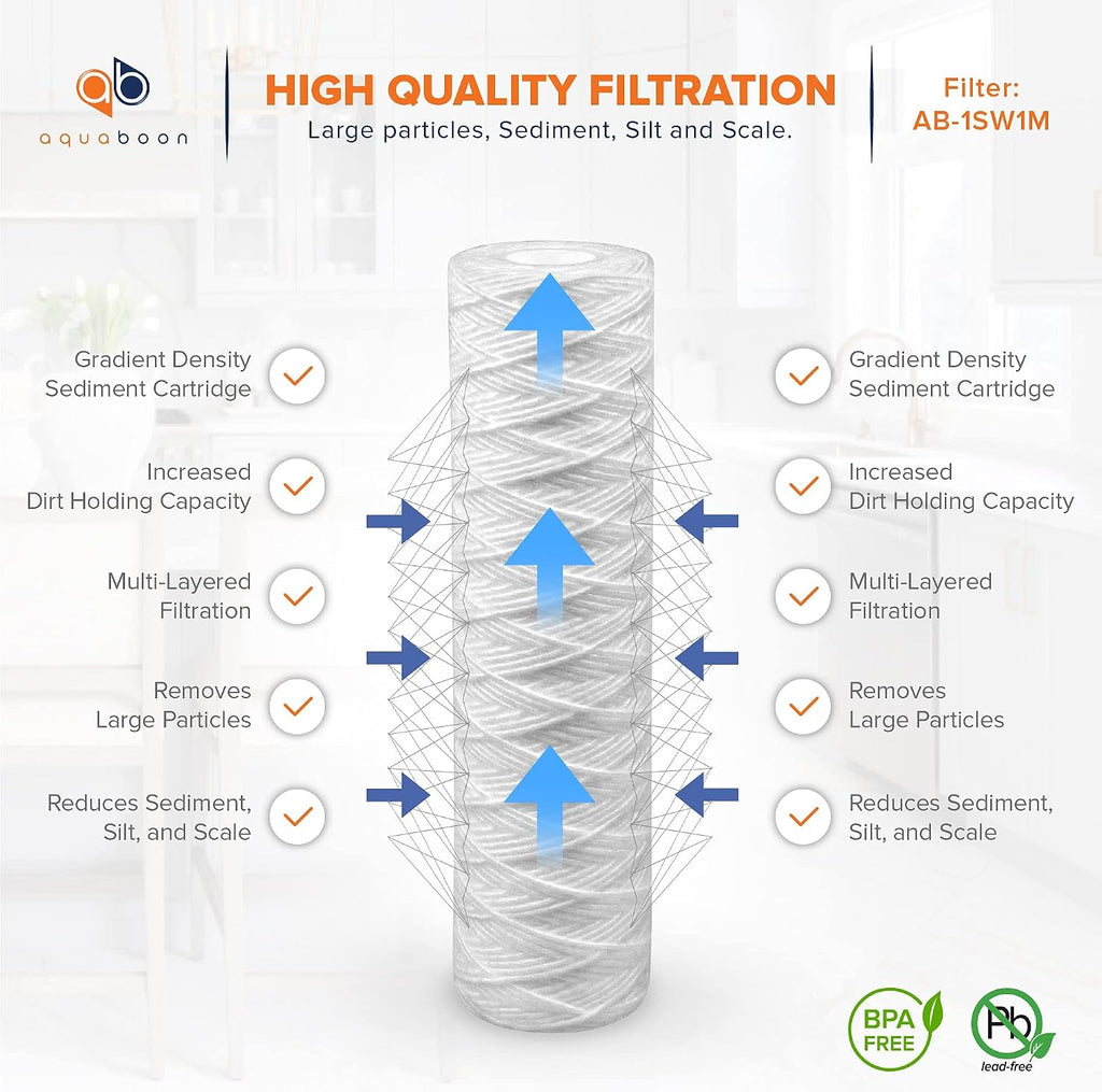 Aquaboon Whole House 1 Micron String Wound Water Filter 10 x 2.5 Cartridge for Well Water Filter Replacement Compatible with WHKF-WHSW, AP110, 50-Pack