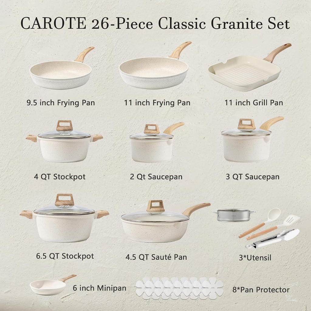 CAROTE Pots and Pans Set Nonstick, Cookware Set Induction Kitchen Cooking Set 26cs w/Frying Pans & Saucepans& Grill Pan