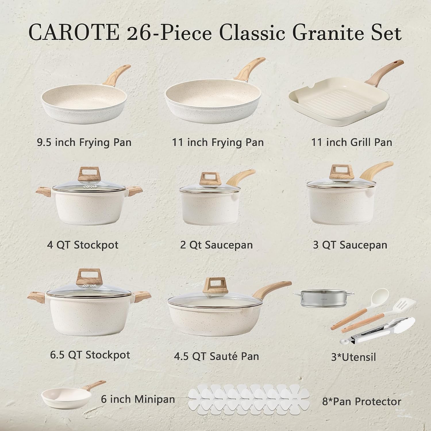 CAROTE Pots and Pans Set Nonstick, Cookware Set Induction Kitchen Cooking Set 26cs w/Frying Pans & Saucepans& Grill Pan
