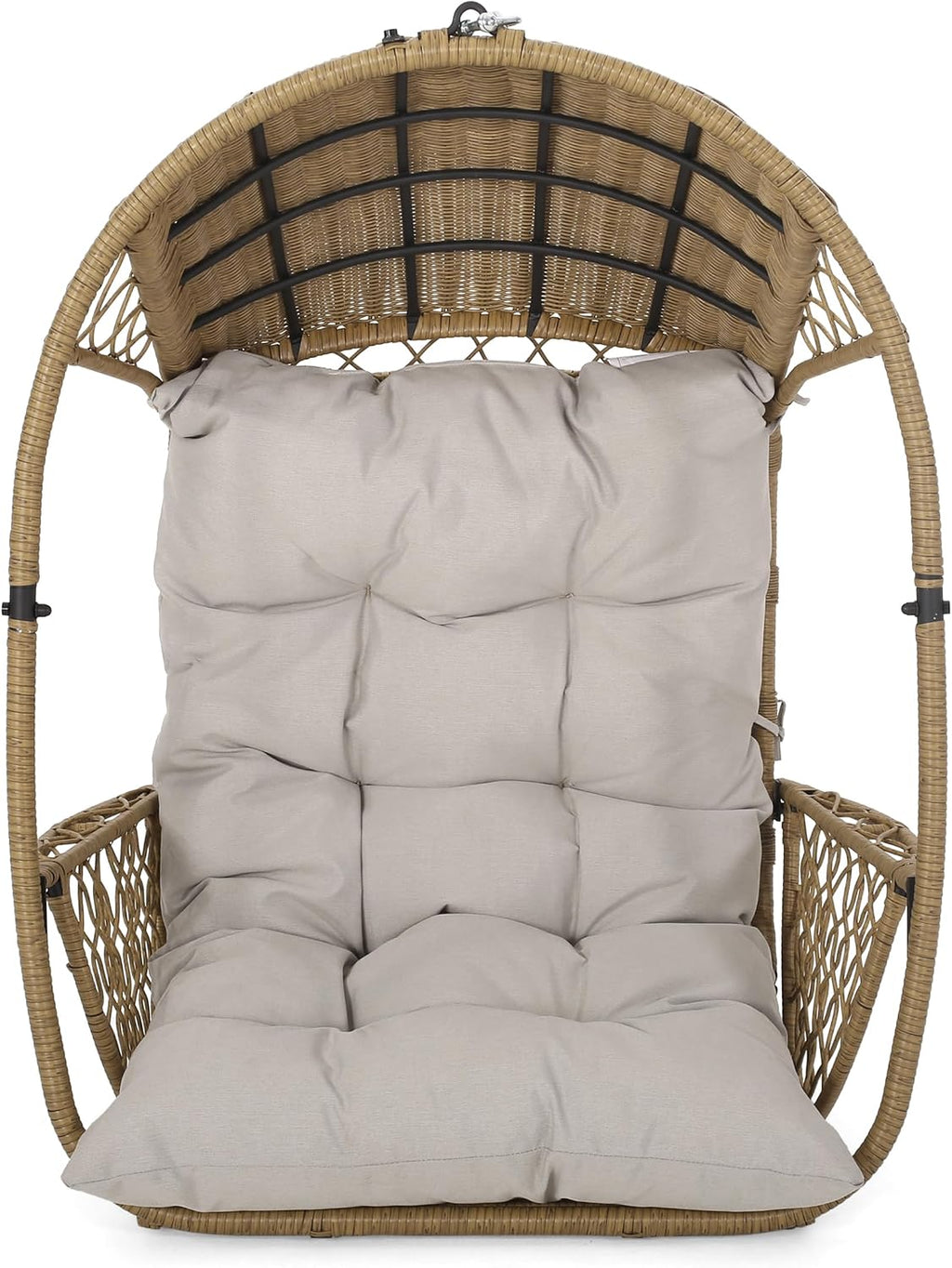 Hanging Egg Chair with Cushion, Wicker Basket Hanging Chair for Indoor Outdoor Patio, Balcony, Living Room, Brown & Beige (Stand Not Included)