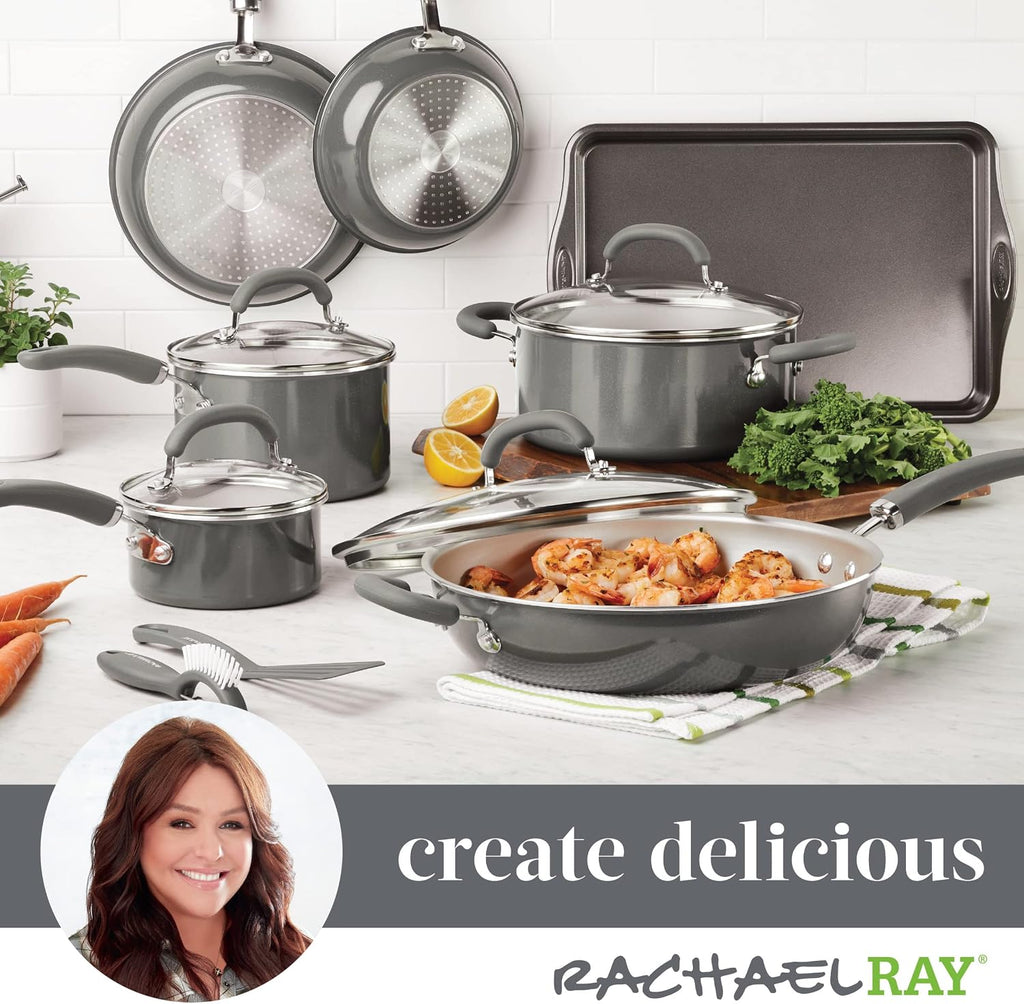 Rachael Ray Create Delicious Nonstick Cookware Induction Pots and Pans Set, 13 Piece - Gray Shimmer