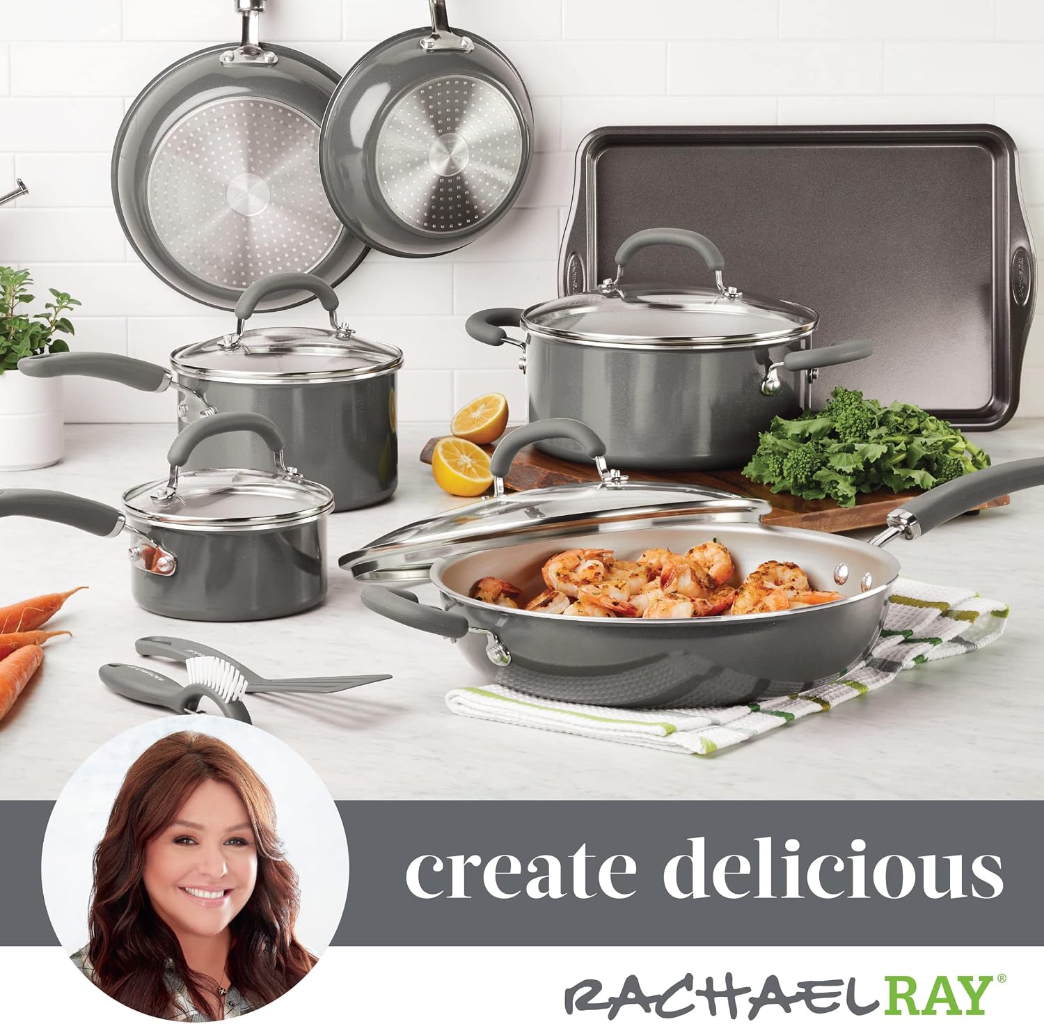 Rachael Ray Create Delicious Nonstick Cookware Induction Pots and Pans Set, 13 Piece - Gray Shimmer