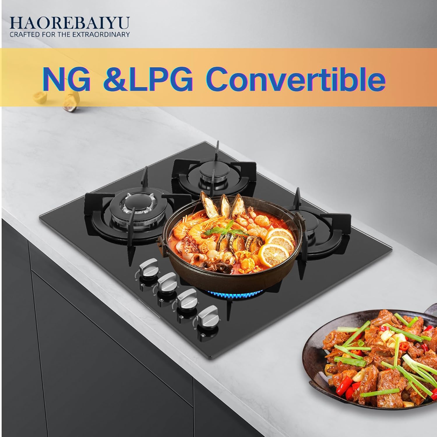 23Inch 4 Burner Built-In Lpg Gas Stovetop,Drop-In Gas Hob with Independent Control Knobs&Backfire Protection,Black Tempered GlassGas Cooktop