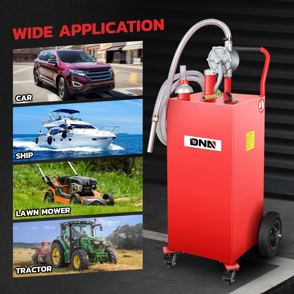 DNA MOTORING 35 Gallon Gas Caddy Fuel Tank Container, Large Gasoline Diesel Can with Wheels, Rotary Hand Pump for Cars, Lawn Mowers, ATVs, Boats, TOOLS-00387