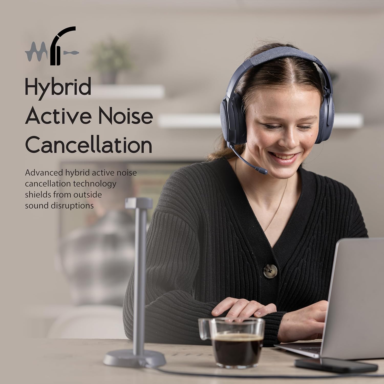 ONANOFF Fokus+ Hybrid ANC Bluetooth Headset, 50H Playtime, Wireless Charging Stand, Removable Boom Mic, Multipoint, for Home, Work & Travel (Midnight Blue)