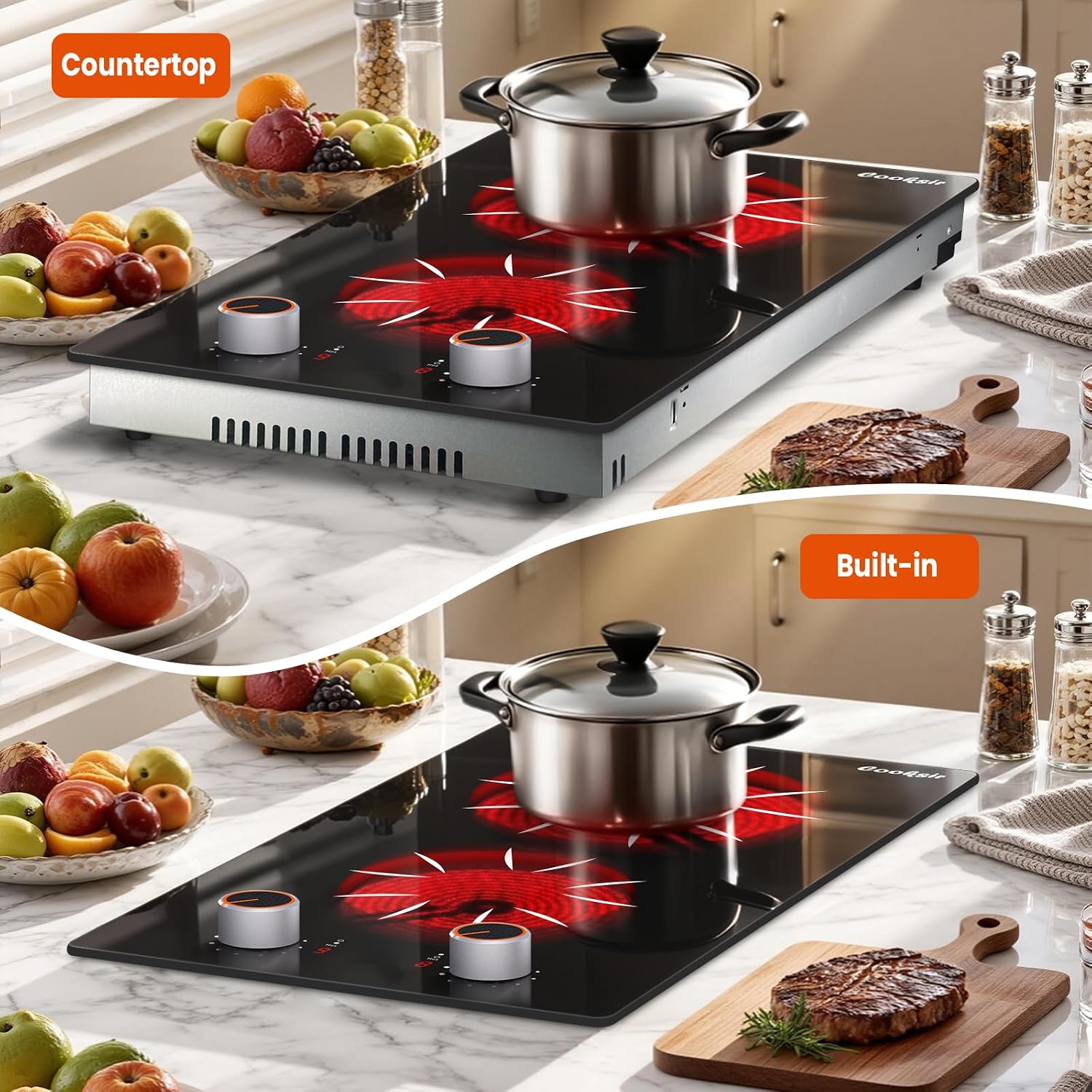 Electric Cooktop 2 Burner - 12 Inch 2000W Electric Stove Built-in & Countertop, Two Burner Ceramic Cooktop with Knob Control, 9 Power Level, Over Heat Protection, 110-120V Plug in (Red Konb)