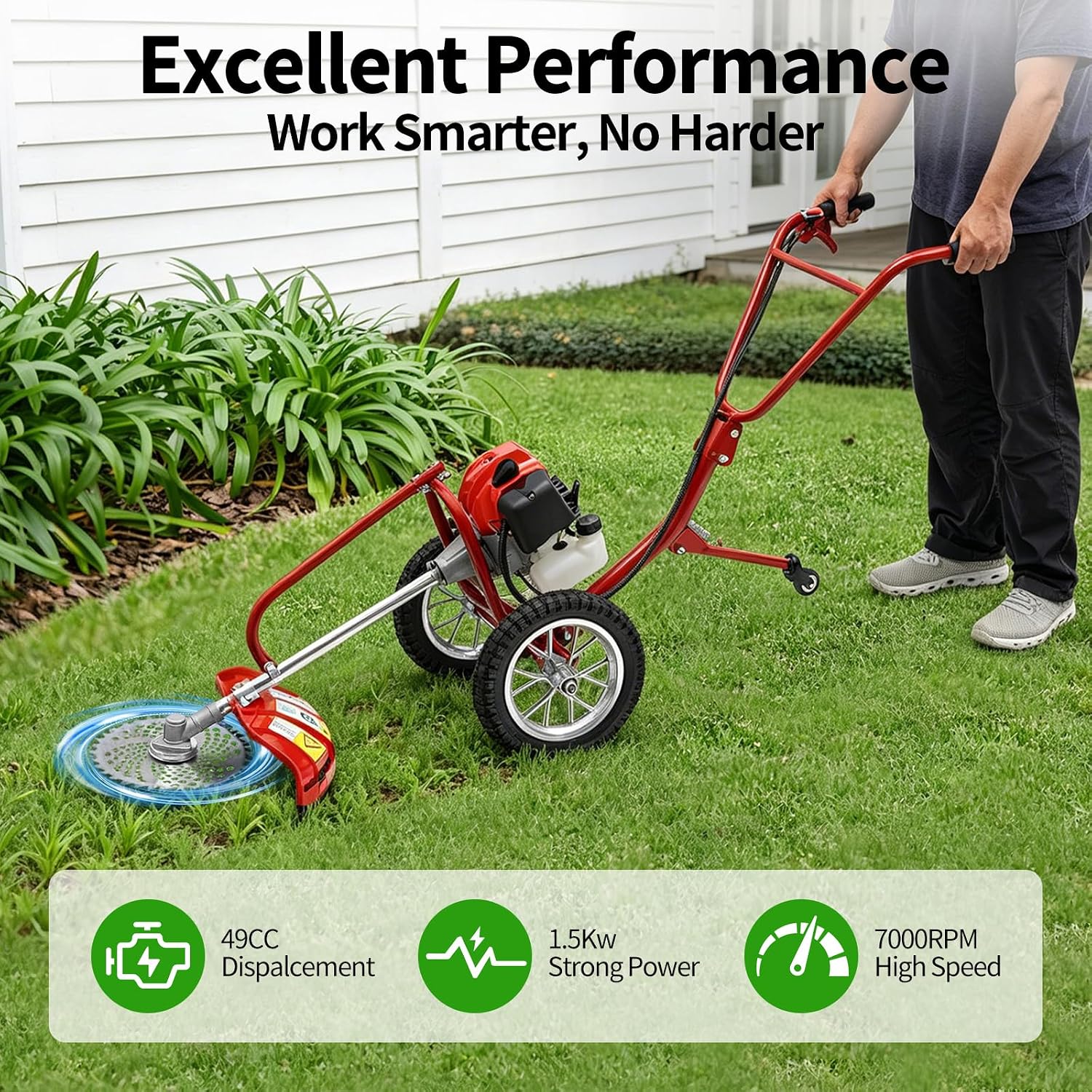 2 Stroke 49CC Gas Walk Behind Brush Cutter, Gas Powered Hand Push Lawn Mower, Brush Mower Gasoline Brush Broom Sweeping Machine, Gas Brush Cutter String Trimmer for Yard