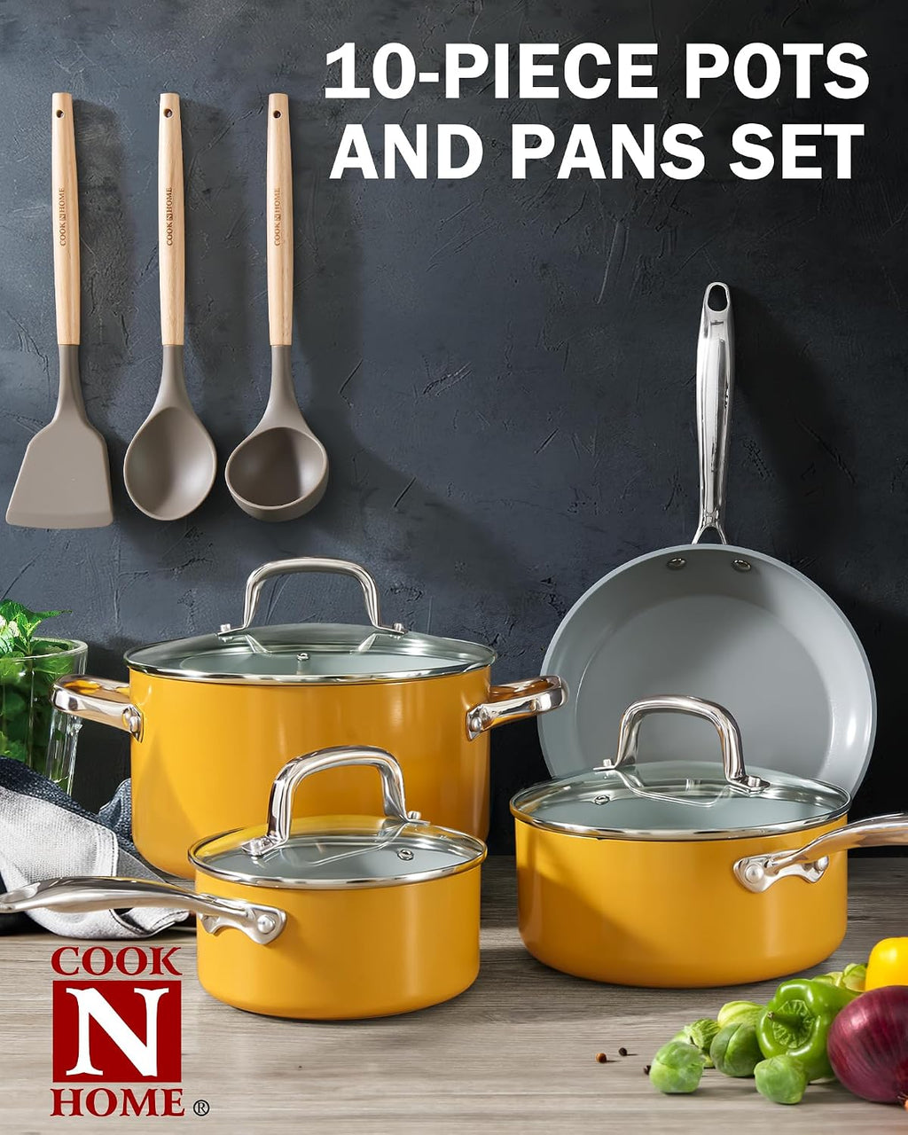 Cook N Home 10 Pcs Ceramic Pots and Pans Cookware Set, Non Stick & Non-Toxic Health Kitchen Cook Ware Sets, Yellow