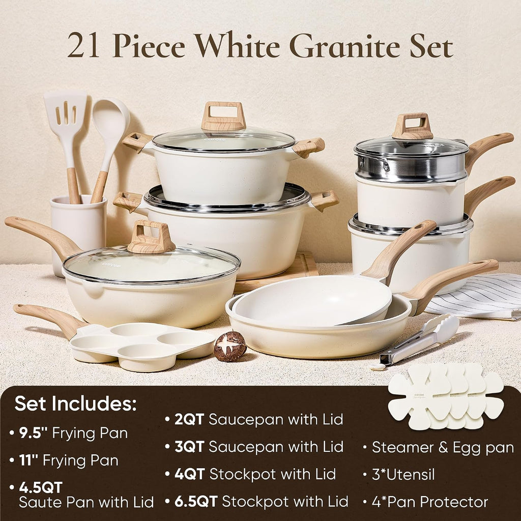 CAROTE Pots and Pans Set, Nonstick Cookware Sets, 21pcs Induction Cookware Kitchen Set Non Stick Cooking Set w/Frying Pans & Saucepans (PFOS, PFOA Free)
