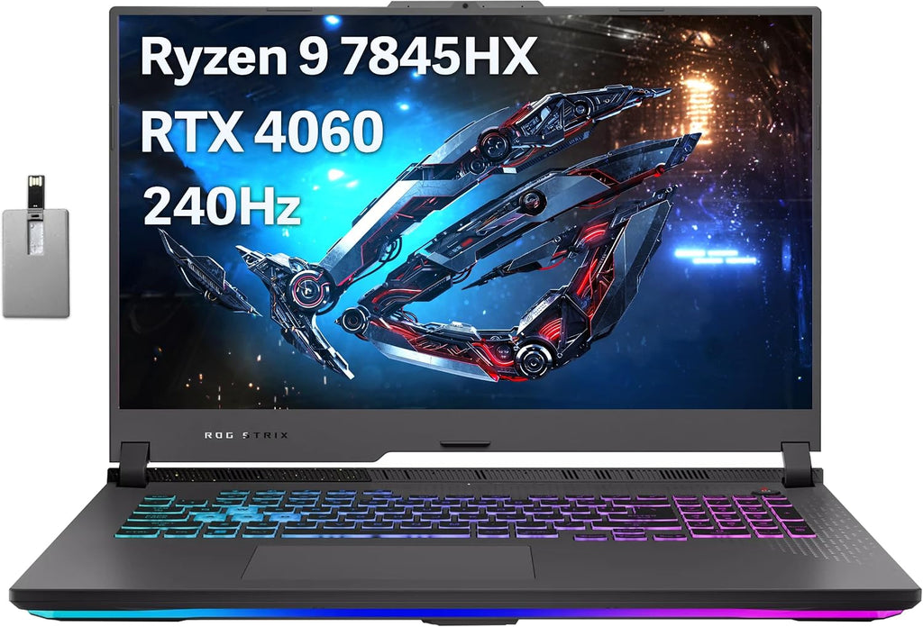 ASUS ROG Strix G17 Gaming Laptop, 17.3' QHD 240Hz Display, AMD Ryzen 9 7845HX, GeForce RTX 4060, 32GB DDR5 RAM, 1TB PCIe SSD, RGB Backlit Keyboard, Win 11 Pro, Gray, 32GB Hotface USB Card (Renewed)