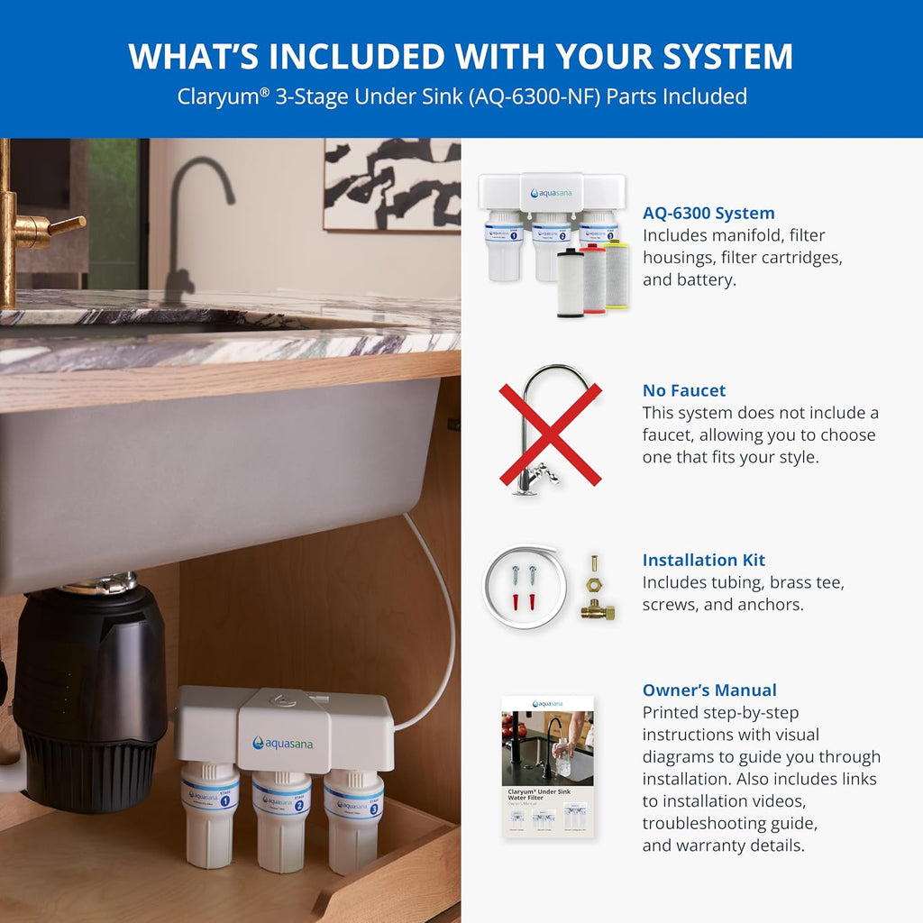 Aquasana Under Sink Water Filter | 3-Stage Claryum Filtration | Reduces up to 99.99% of 78 Contaminants Including PFAS, Lead, & Chlorine | Under Counter Drinking Water Filter | AQ-6300-NF