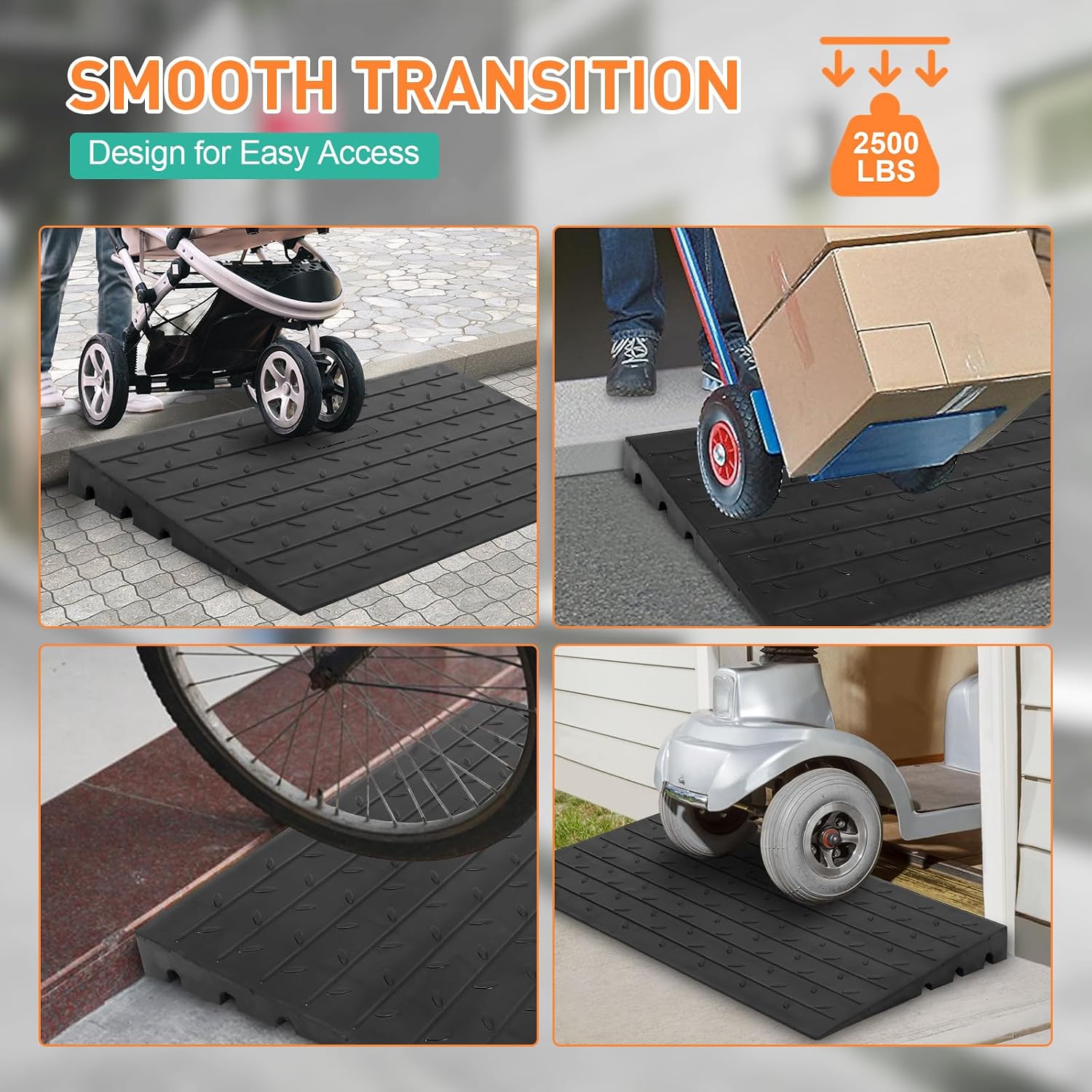 4 Inch Raised Rubber Threshold Ramp Cuttable Door Ramp, Portable Non-Slip Wheelchair Ramp, Heavy Duty Curb Ramp, 2500 Lb Load Capacity for Wheelchairs, Warehouses, Residential, Docks