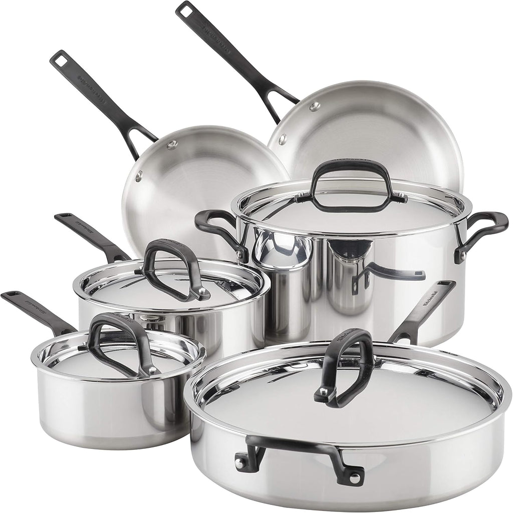 KitchenAid 5-Ply Clad Polished Stainless Steel Cookware Pots and Pans Set, Cookware Set (10 Piece)