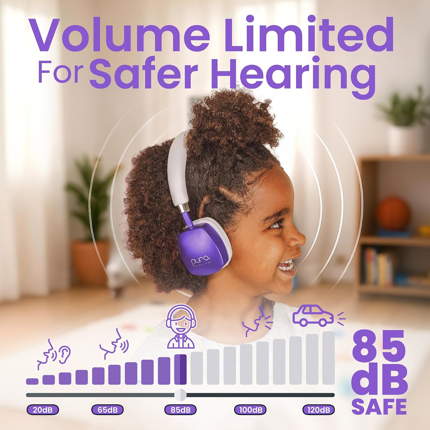Puro Sound Labs Noise Cancelling Headphones for Kids - 85 dB Volume Limit, Built in Mic, 35-Hour Battery, Lightweight On Ear Design & Comfy Fit, Bluetooth Headphones for Kids – PuroQuiet Plus, Purple