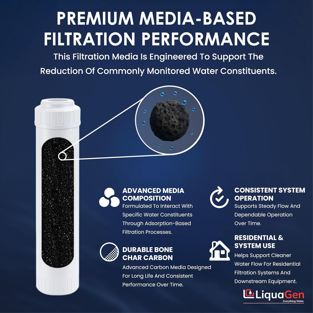 LiquaGen Bone Char Water Filter Replacement Cartridge – Helps Reduce Fluoride – Universal Refillable Filter for Whole House & Drinking Water – 2.5x10, 2.5x20, 4.5x10, 4.5x20 (4, 2.5' x 10')