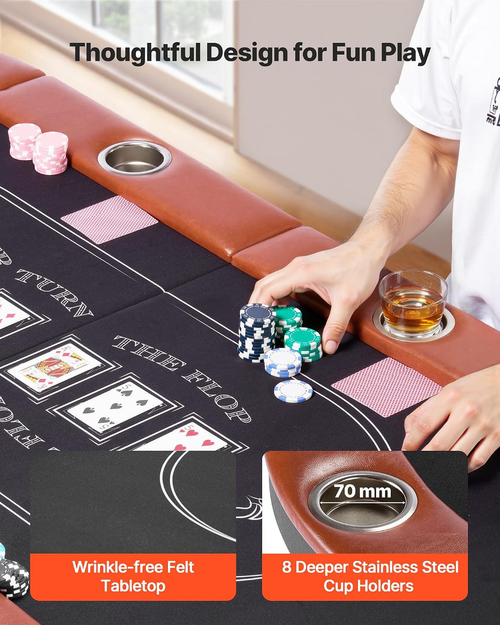 VEVOR Foldable Poker Table, 8 Player 72 in Folding Casino Leisure Table with Padded Rails and Cup Holders, Oval Portable Game Tables with Felt & Metal Legs, for Texas Hold'em Game and Blackjack