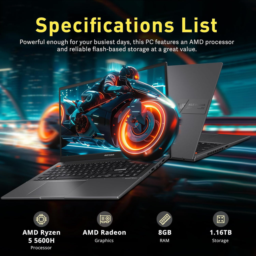 ASUS VivoBook S15 Slim Laptop, 15.6' FHD Display, Ryzen 5-5600H, 8GB RAM, 1.16TB Storage(1TB SSD +160GB Docking Station), AMD Radeon Graphics, Backlit Keyboard, Fingerprint, WiFi 6, Win 11 Pro, Black