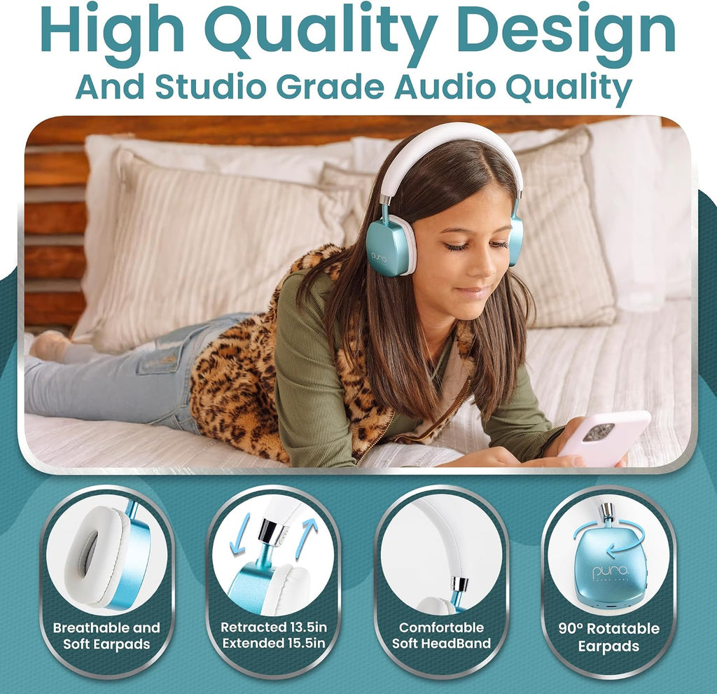 Puro Sound Labs Noise Cancelling Headphones for Kids - 85 dB Volume Limit, Built in Mic, 35-Hour Battery, Lightweight On Ear Design & Comfy Fit, Bluetooth Headphones for Kids – PuroQuiet Plus, Teal