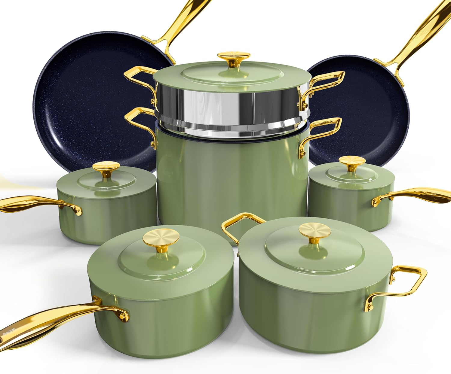 Nuwave Lux LE 13-Pc Cookware Set with Elegant Gold Handle, Diamond Infused Ceramic Non-Stick, PFAS Free, Premium Metal Lids, Ergonomic Stay-Cool Handles, Induction Ready & Compatible w/All Cooktops