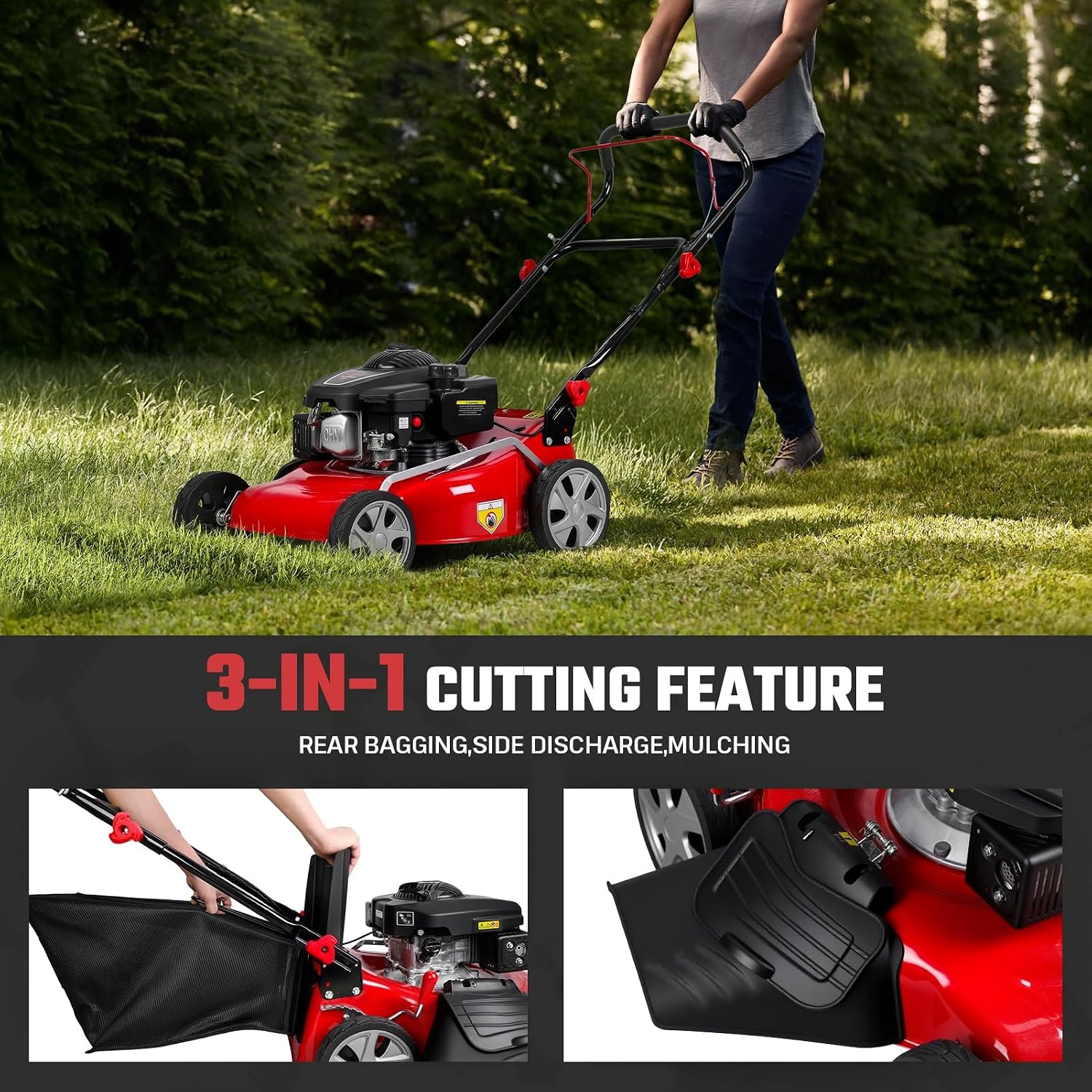 3-in-1 Gas Lawn Mower, Self Propelled Lawn Mower with 131cc Gas Engine, Cordless Push Mowers Tractors with 50L Grass Tank Mowers Clearance for Yard & Garden Ergonomic Handle Big Wheels 2800RPM Red