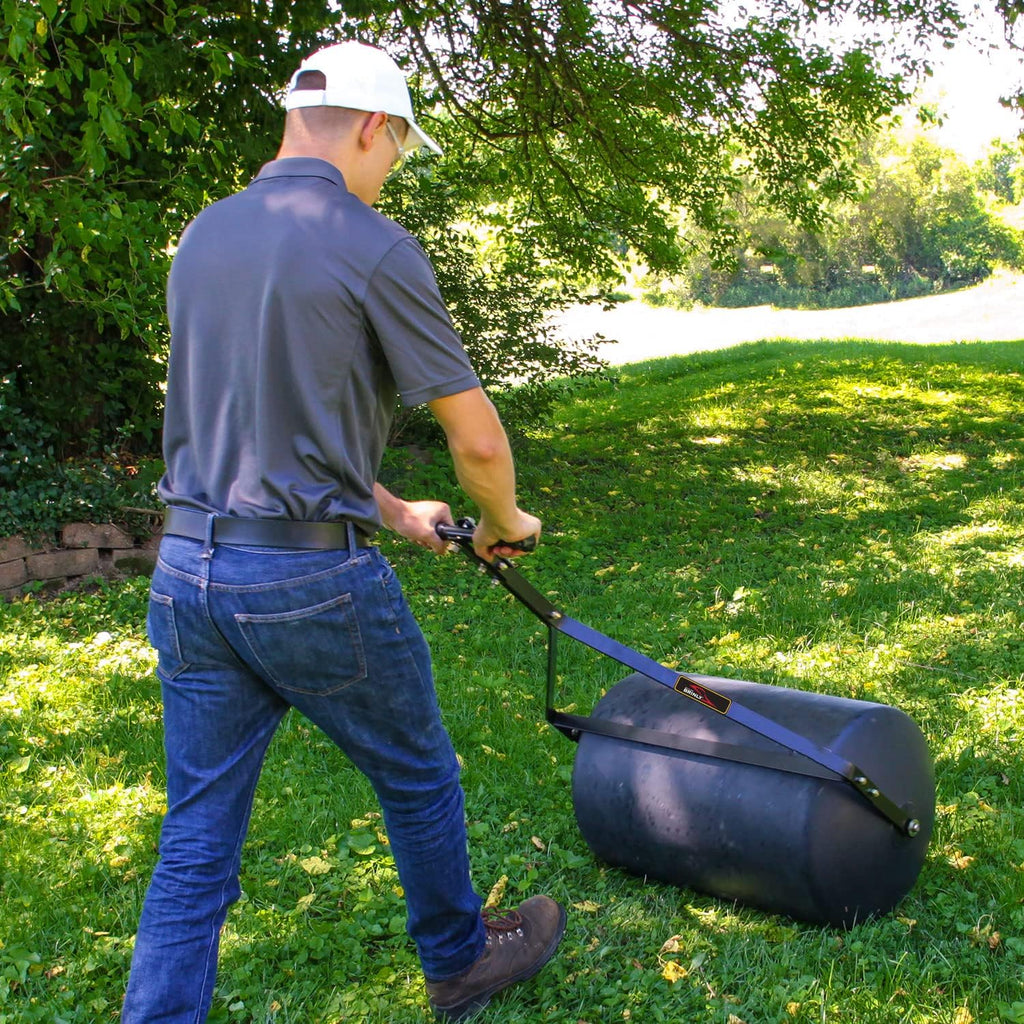 Brinly 270 lb. Combination Push/Tow Poly Lawn Roller with Easy-Turn Tethered Plug, 18 by 24' - Flat Black