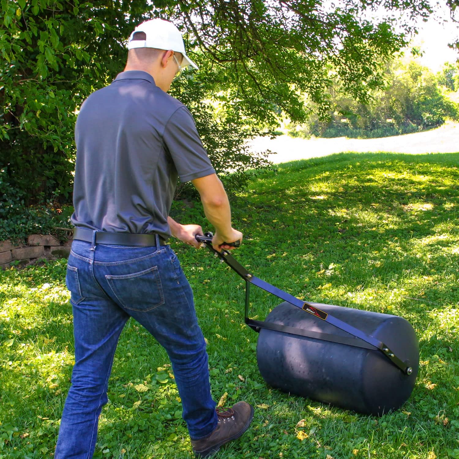Brinly 270 lb. Combination Push/Tow Poly Lawn Roller with Easy-Turn Tethered Plug, 18 by 24' - Flat Black