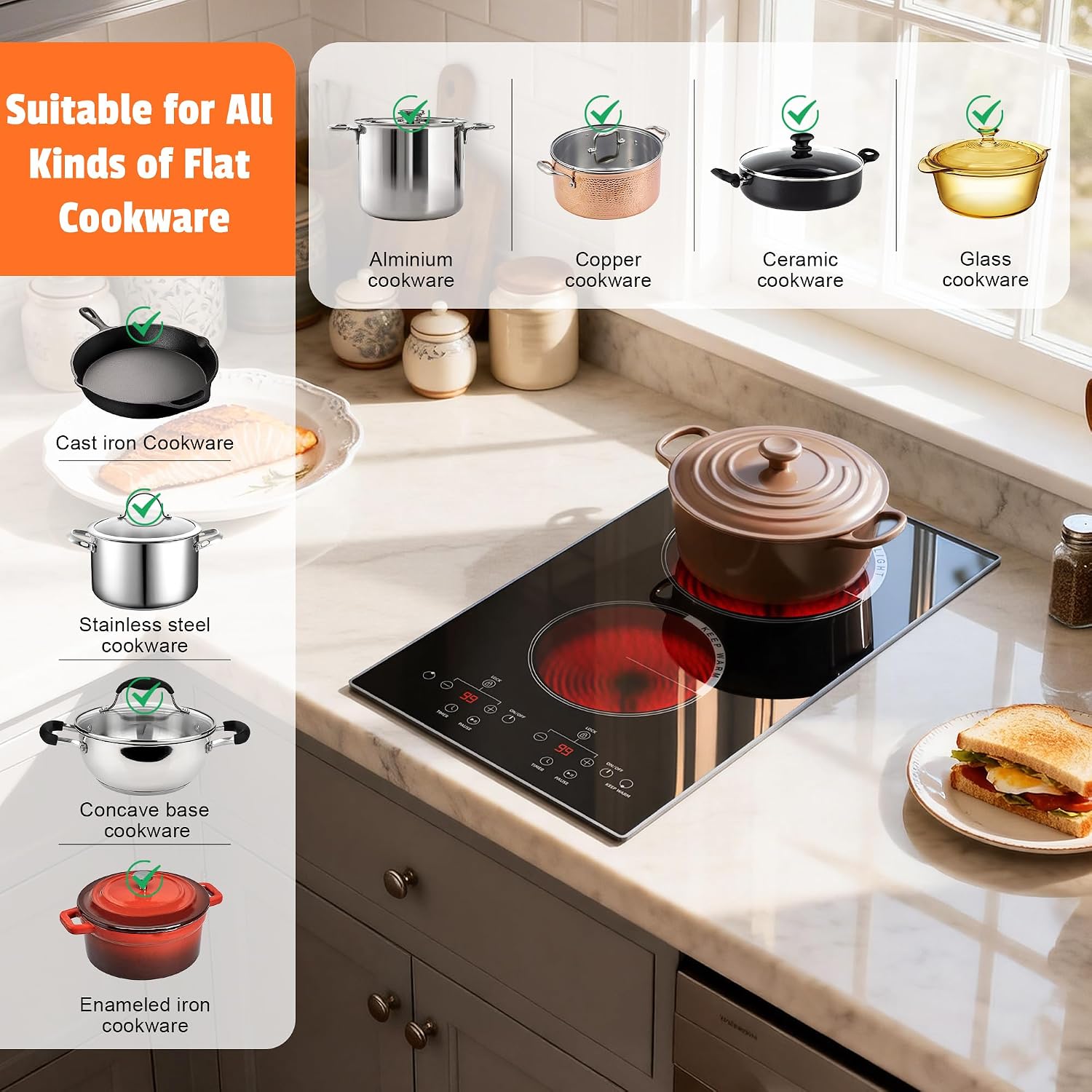 2 Burner Electric Cooktop - 110v Countertop and Built-in Electric Stove 2000W, 12 Inch Ceramic Stove with Residual Heat Indicator, Over-Temperature Protection, Knob Control, 110-120V Plug in