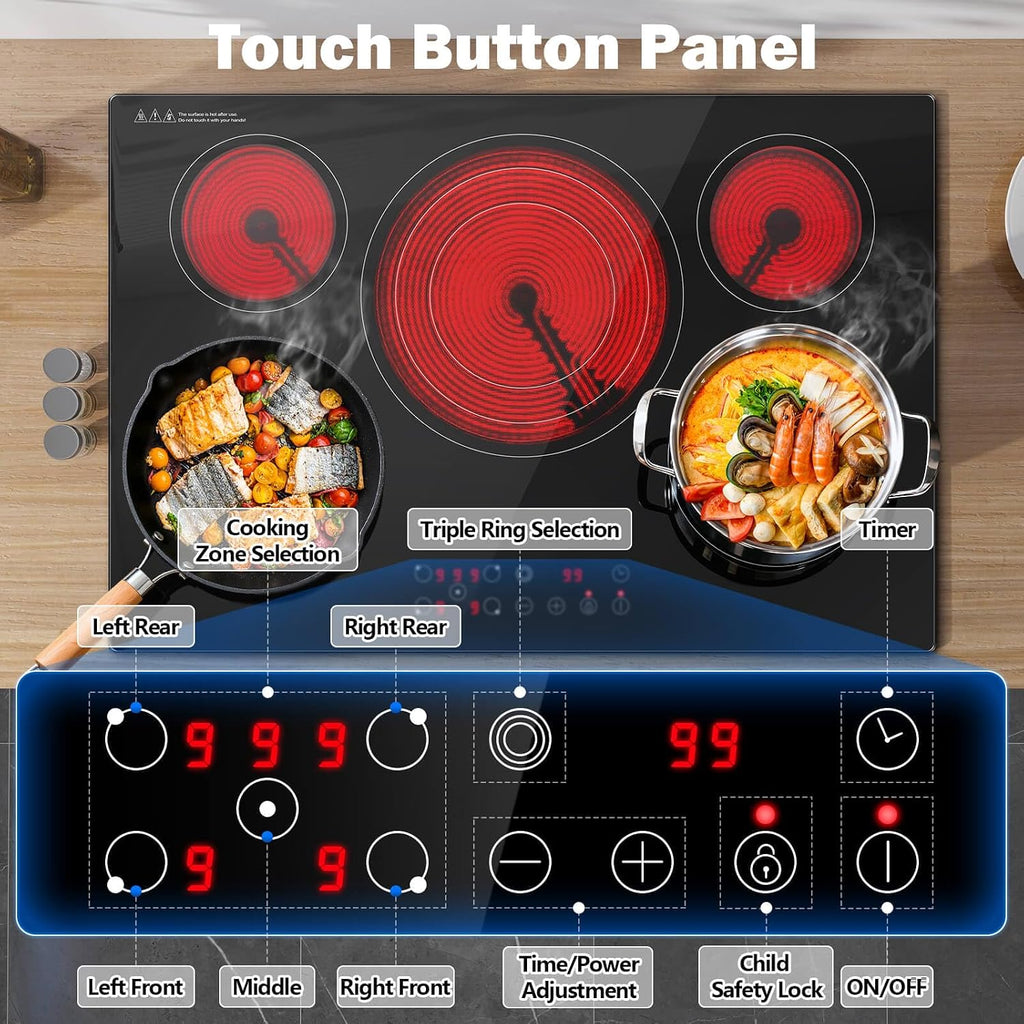 SNDOAS Electric Cooktop 30 inch,9000W 5-Burner Built-in Electric Stove Top with Ceramic Glass & 9 Power Levels,240V Hardwired,Child Lock & Overheat Protection,30' for Standard Countertop Cutout