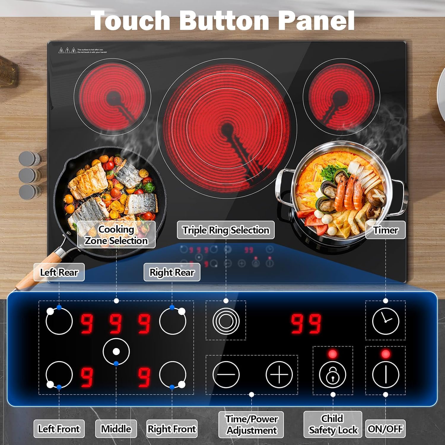 SNDOAS Electric Cooktop 30 inch,9000W 5-Burner Built-in Electric Stove Top with Ceramic Glass & 9 Power Levels,240V Hardwired,Child Lock & Overheat Protection,30' for Standard Countertop Cutout