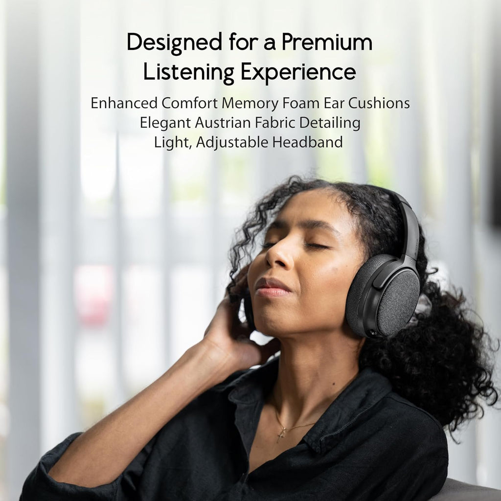 ONANOFF Fokus Plus Hybrid Active Noise Cancelling Bluetooth Headset, 50H Playtime, with Headphone Stand Wirelessly Charges Your Headphones, Removable Boom Mic, Multipoint, Home Work Travel- Dusk Grey