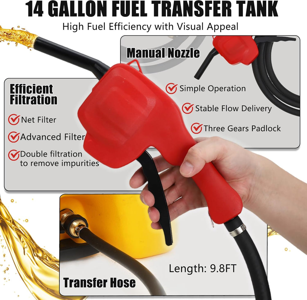 Garvee 15 Gallon Gas Can, Fuel Caddy with Pump, Fuel Transfer Tanks with 10 FT Delivery Hose Diesel Fuel Can for Cars, Lawn Mowers, Boats,Medium, Yellow