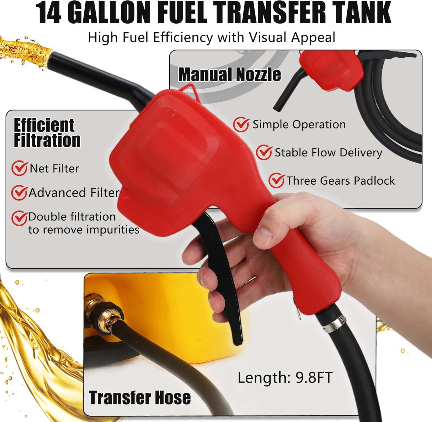 Garvee 15 Gallon Gas Can, Fuel Caddy with Pump, Fuel Transfer Tanks with 10 FT Delivery Hose Diesel Fuel Can for Cars, Lawn Mowers, Boats,Medium, Yellow