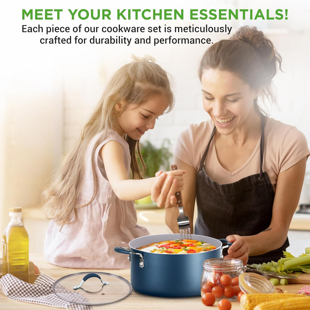 NutriChef 14-Piece Navy Blue Nonstick Cookware Set - Durable Pots and Pans Set with Lids & Utensils, Compatible with All Cooktops
