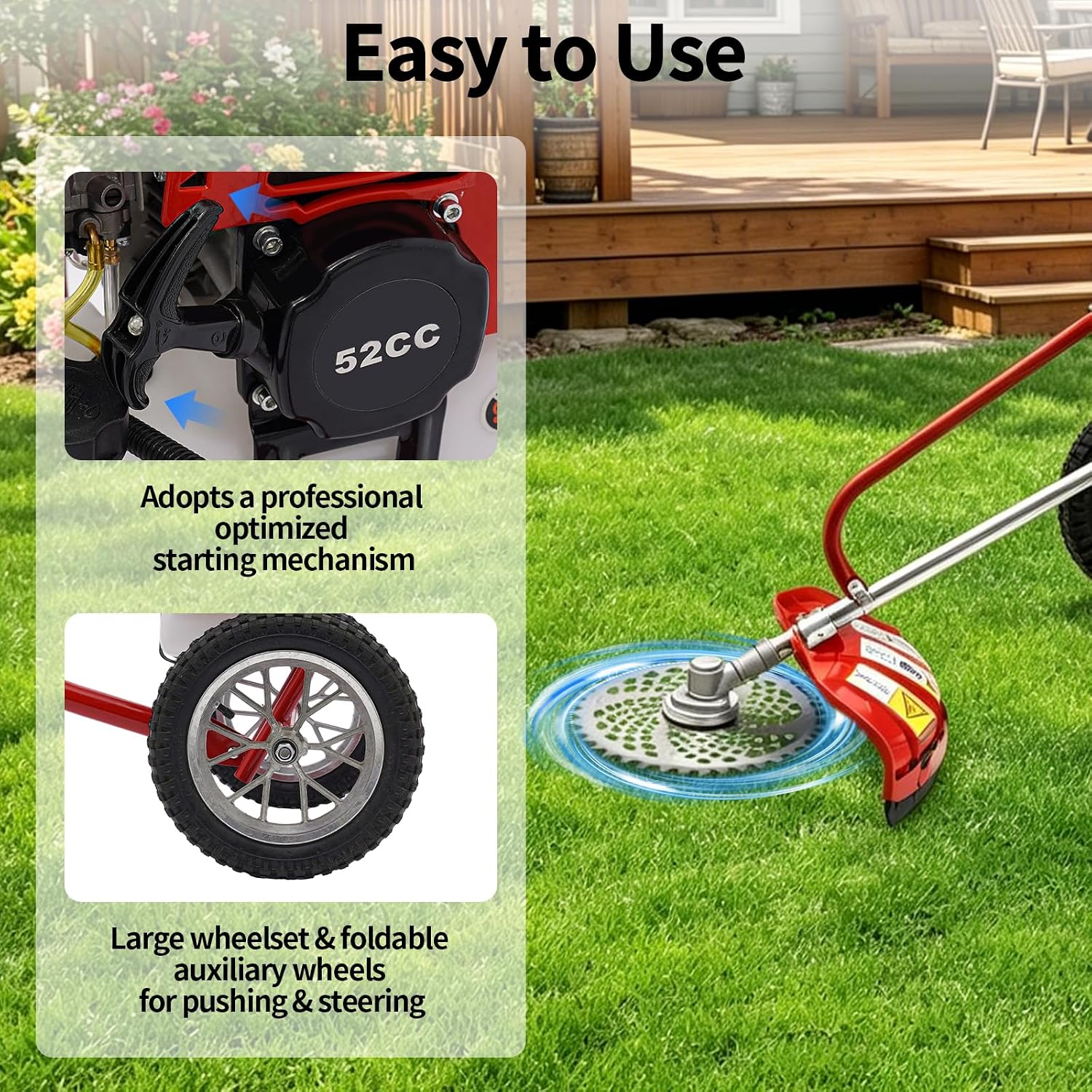 2 Stroke 49CC Gas Walk Behind Brush Cutter, Gas Powered Hand Push Lawn Mower, Brush Mower Gasoline Brush Broom Sweeping Machine, Gas Brush Cutter String Trimmer for Yard