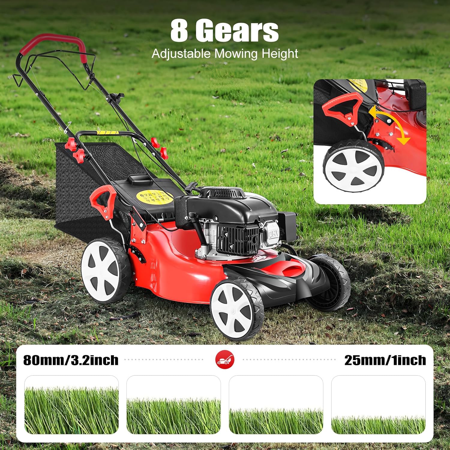 20 Inch Self Propelled Gas Lawn Mower, 140CC 4-Stroke OHV Engine 5HP, 8-Position Height Adjustment 1-3.2in, 15.9Gal Large Grass Catcher Cordless Push Lawn Mowers for Garden Yard