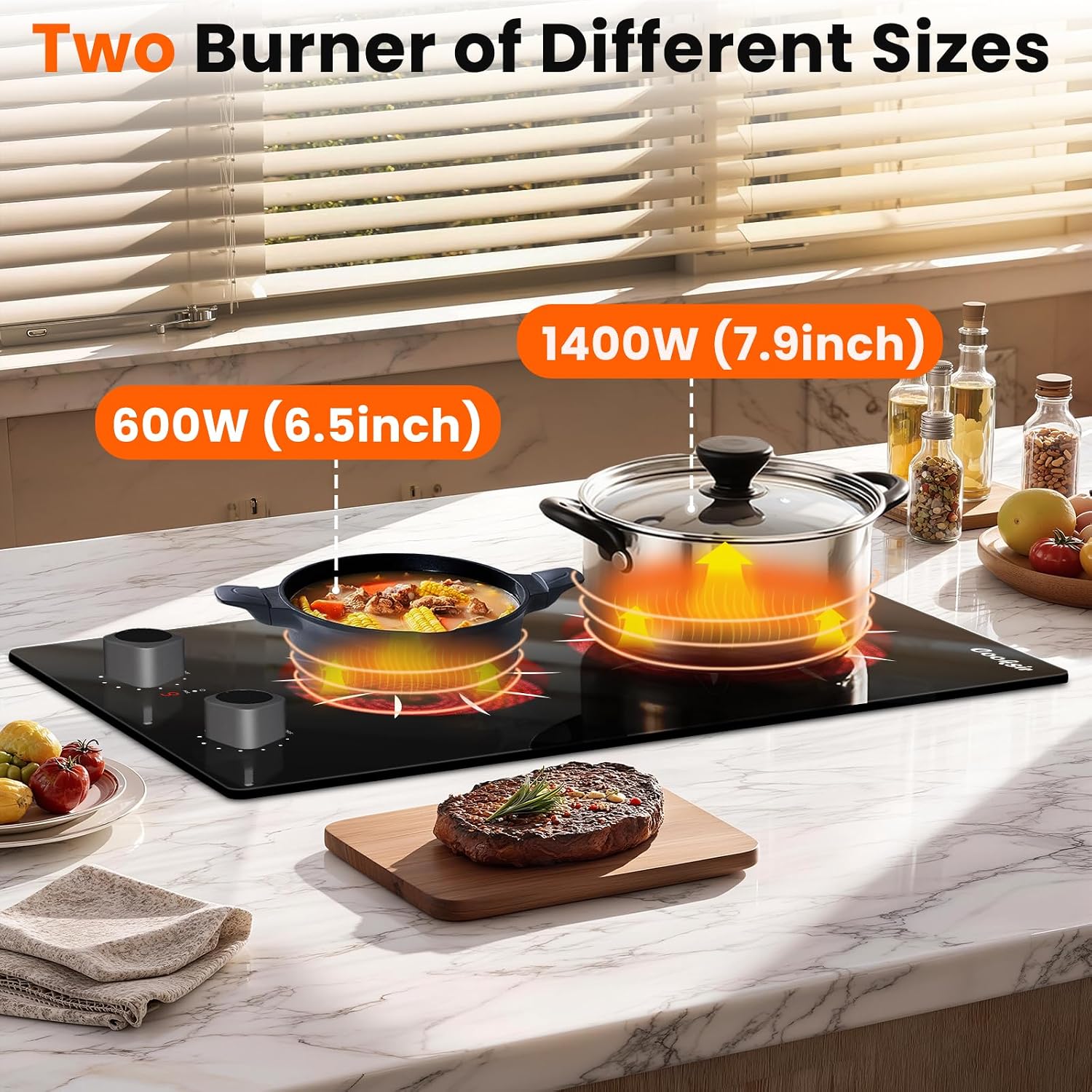 2 Burner Electric Cooktop - 12 Inch 2000W Electric Stove Built-in & Countertop, Two Burner Ceramic Cooktop with Knob Control, 9 Power Level, Over Heat Protection, 110-120V Plug in (Grey Konb)