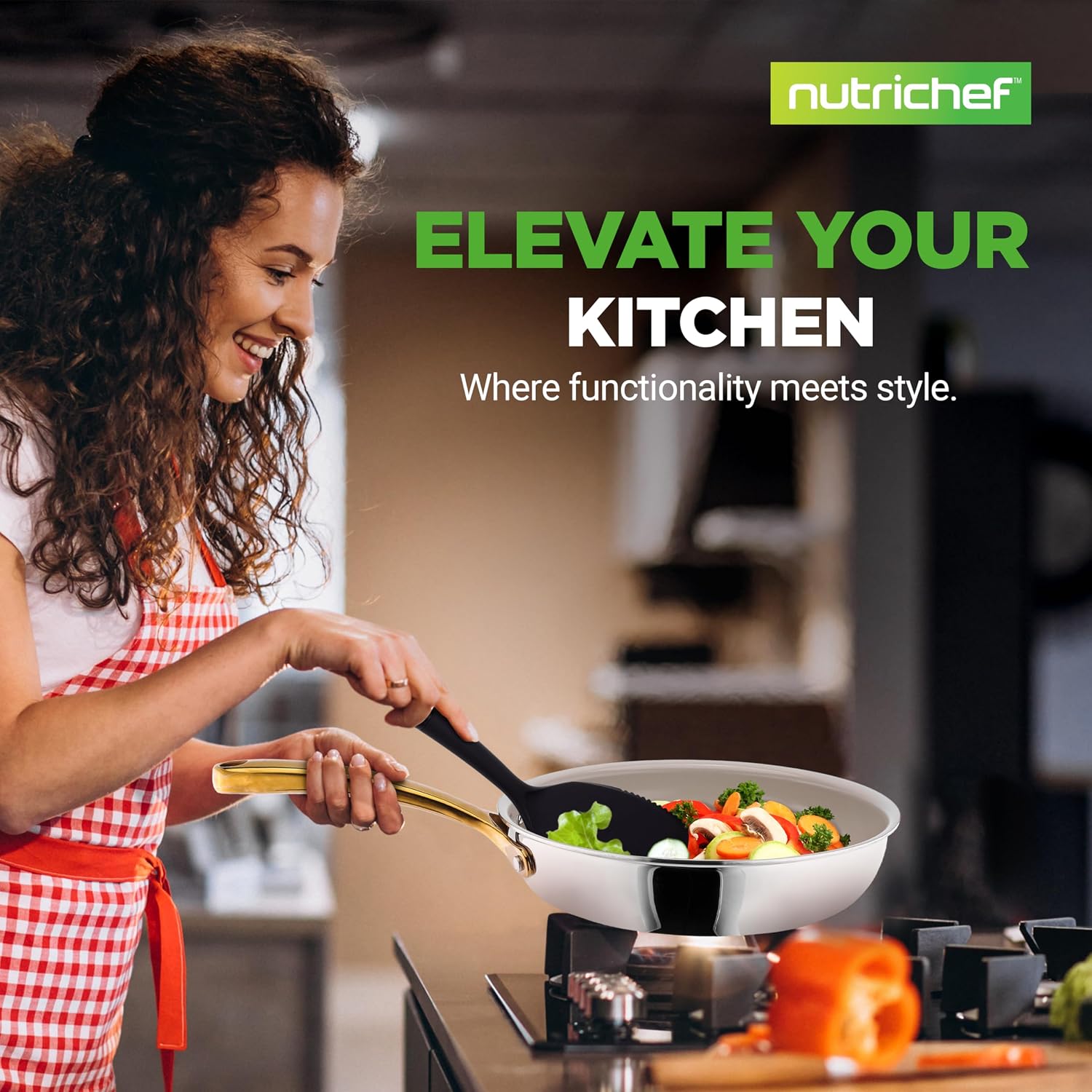 NutriChef 16-Piece Stainless Steel Kitchenware - Pots & Pans Set Clad Kitchen Cookware with Nylon Utensils, Fry Pan Interior Coated with Prestige Ceramic Non-Stick Coating, Stylish Kitchen Cookware