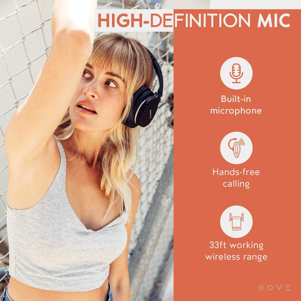 KOVE 101-N Active Noise Cancelling Headphones - Wireless Over-Ear Bluetooth Headphones, 200H Stand-by Time, Hi-Res Audio, Deep Bass, Memory Foam, for Travel, Home and Office - Built-in Microphone