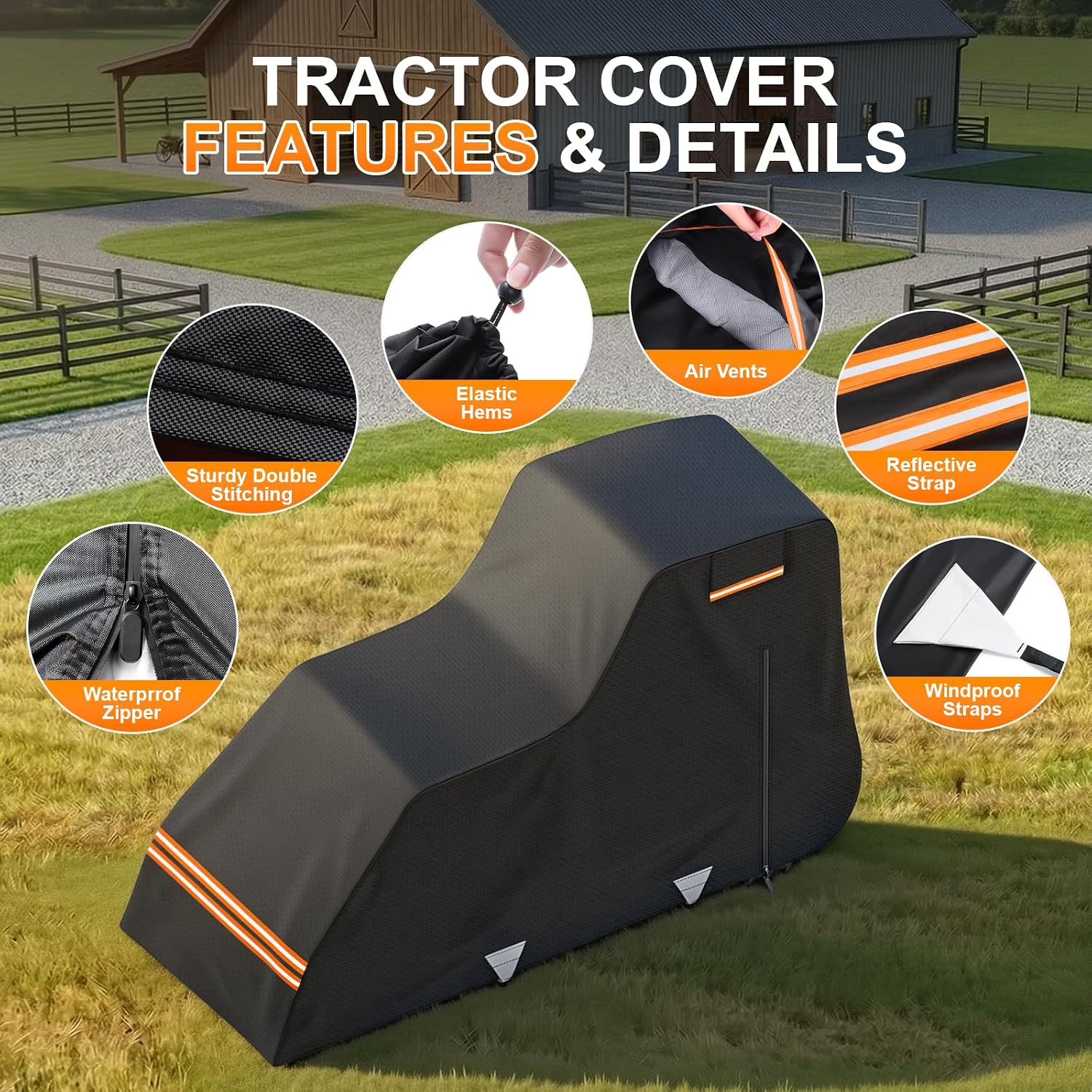 420D Waterproof Tractor Cover, Heavy-Duty All-Weather Protection Tractors Cover for Front Loaders & Backhoes, Compatible with John Deere, Kubota, Mahindra, MF,150' x 75' x 110'